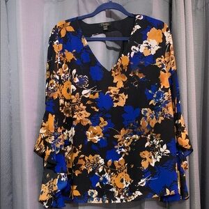 Thalia Sodi Asymmetrical Floral Blouse Blue Tan